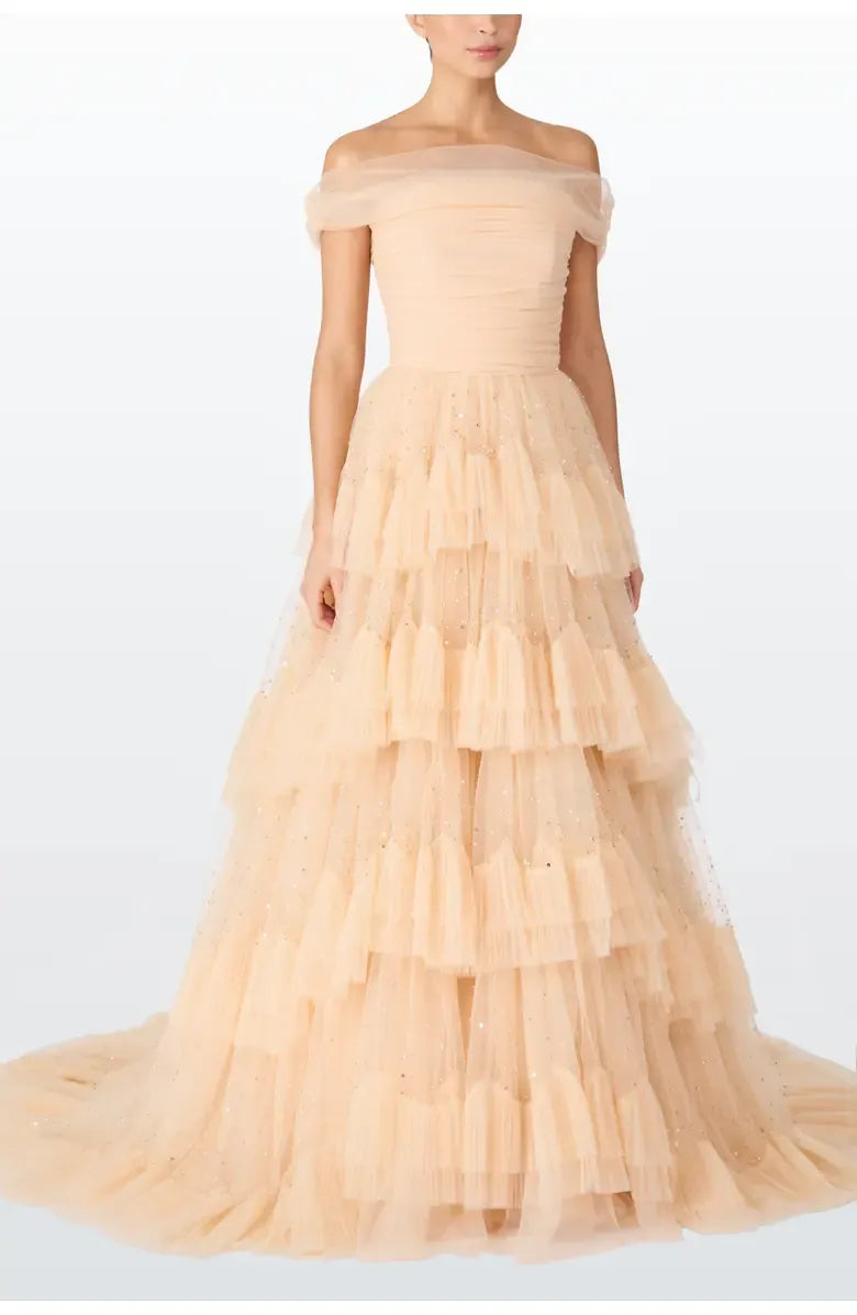 Pretty A-Line Off the Shoulder Cap Sleeve Zipper Up Floor-Length Prom Dress