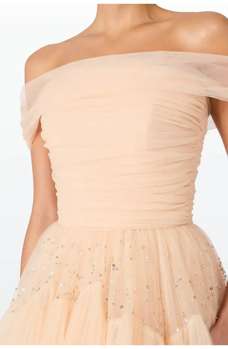 Pretty A-Line Off the Shoulder Cap Sleeve Zipper Up Floor-Length Prom Dress