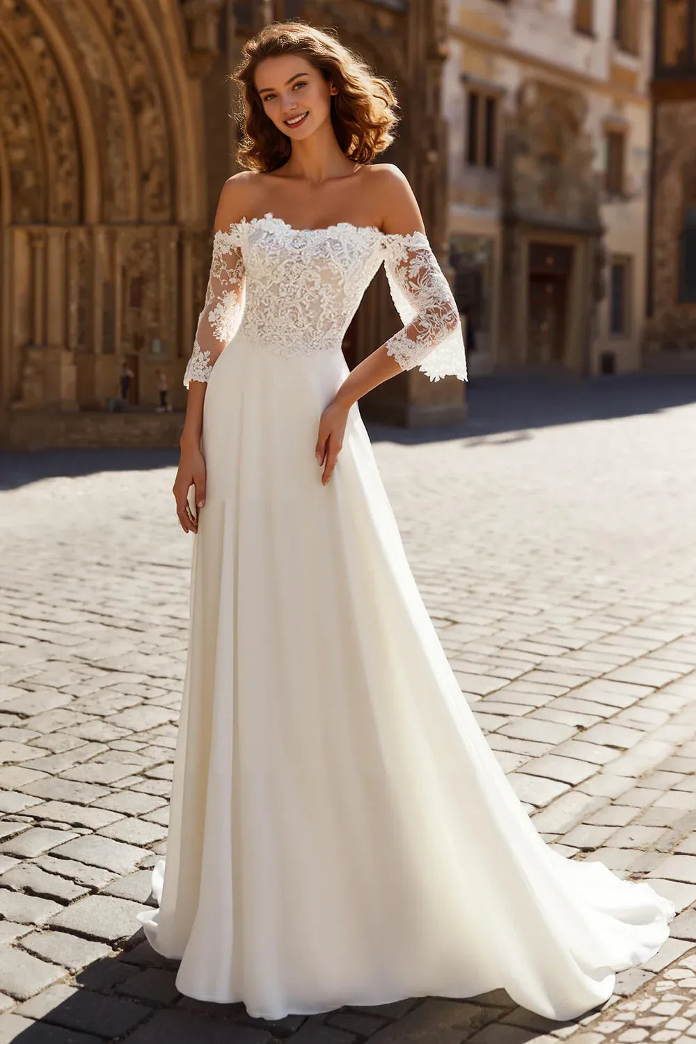 Pretty A-Line Off the Shoulder Long Sleeve Chiffon Sweep/Brush Train Wedding Dress