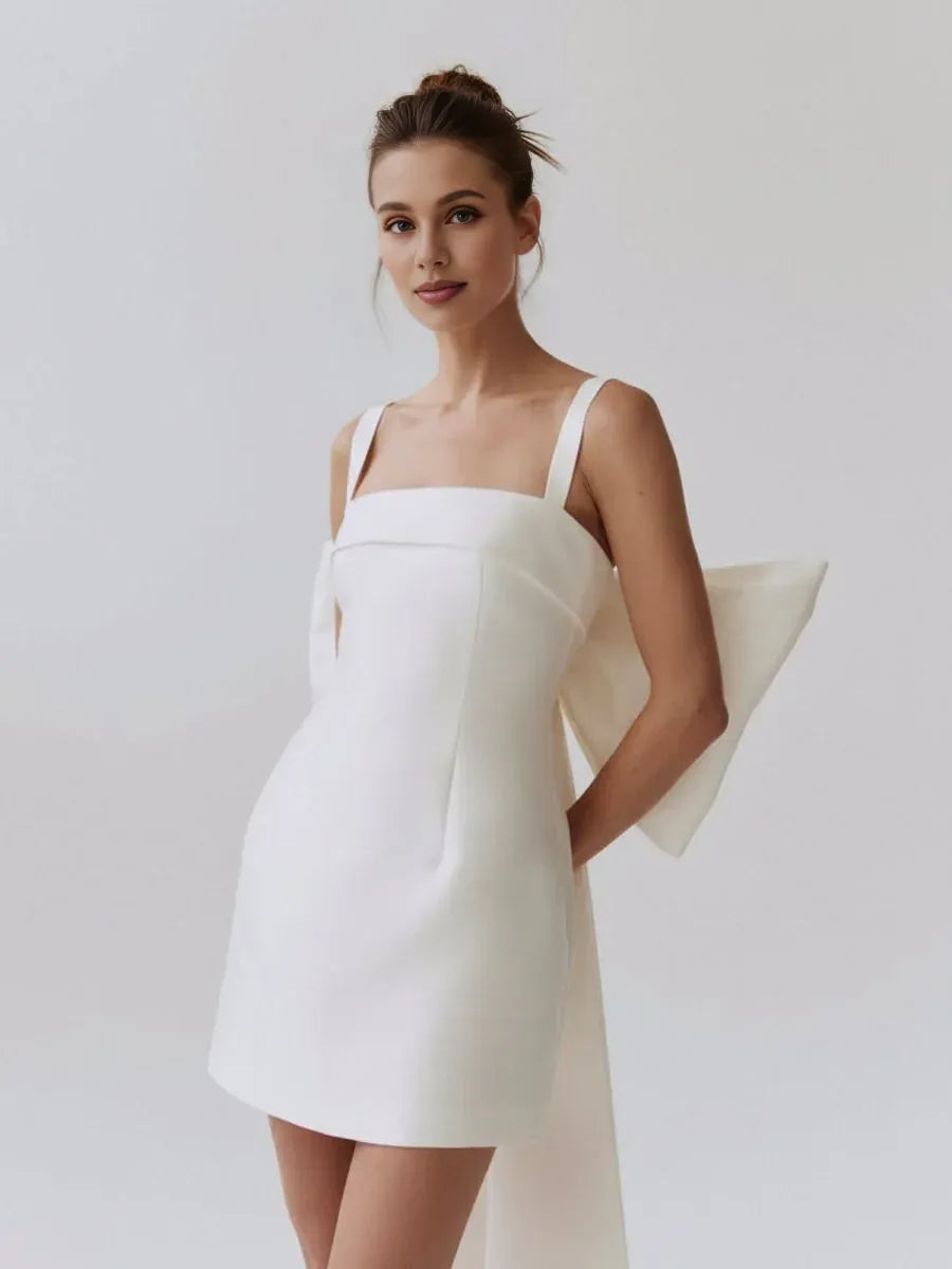 Pretty A-Line Square Neck Sleeveless Bow Back Satin Short-Mini Wedding Dress