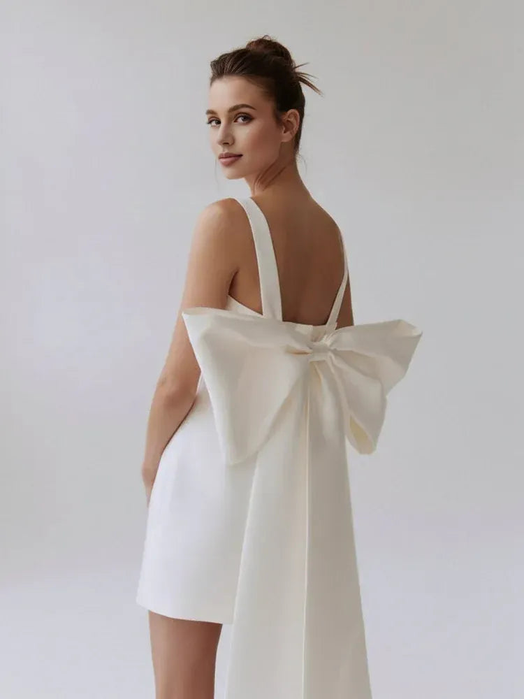 Pretty A-Line Square Neck Sleeveless Bow Back Satin Short-Mini Wedding Dress