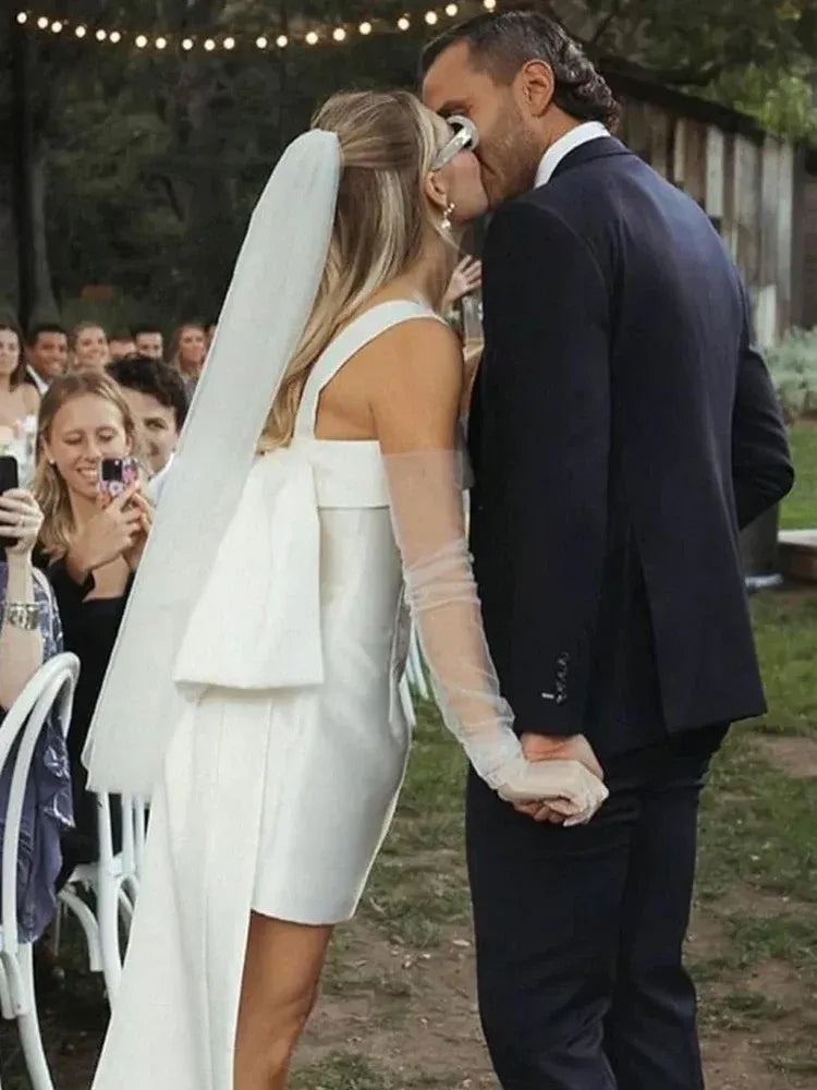 Pretty A-Line Square Neck Sleeveless Bow Back Satin Short-Mini Wedding Dress