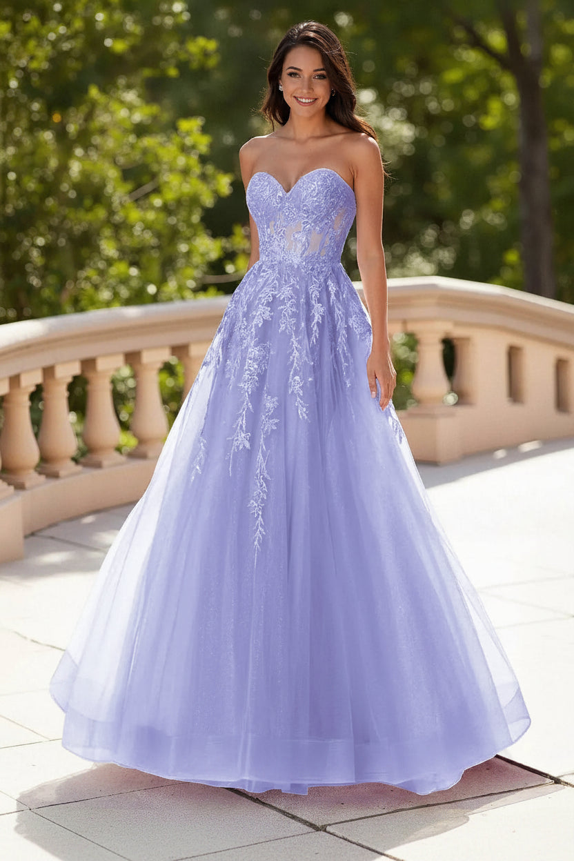 Pretty A-Line Strapless Corset Lace Applique Tull Lavender Floor-Length Prom Dress