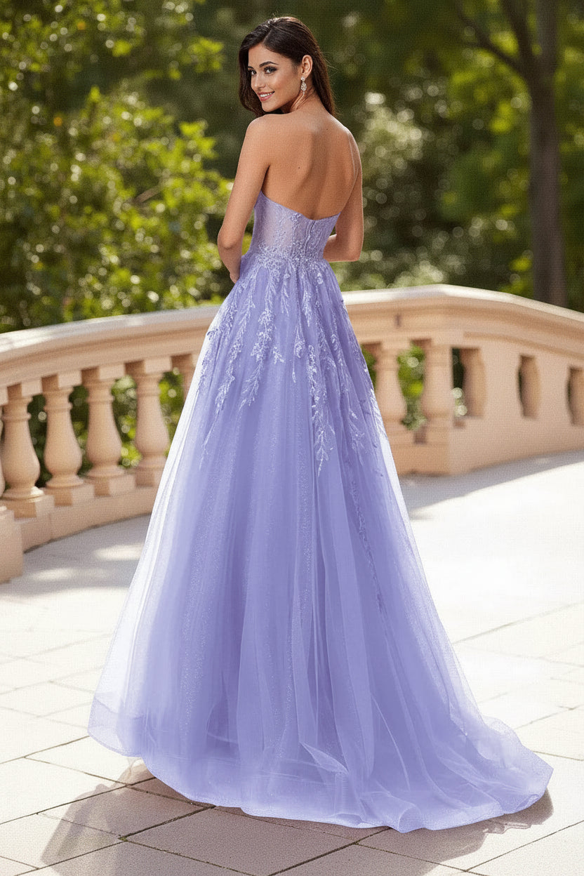 Pretty A-Line Strapless Corset Lace Applique Tull Lavender Floor-Length Prom Dress