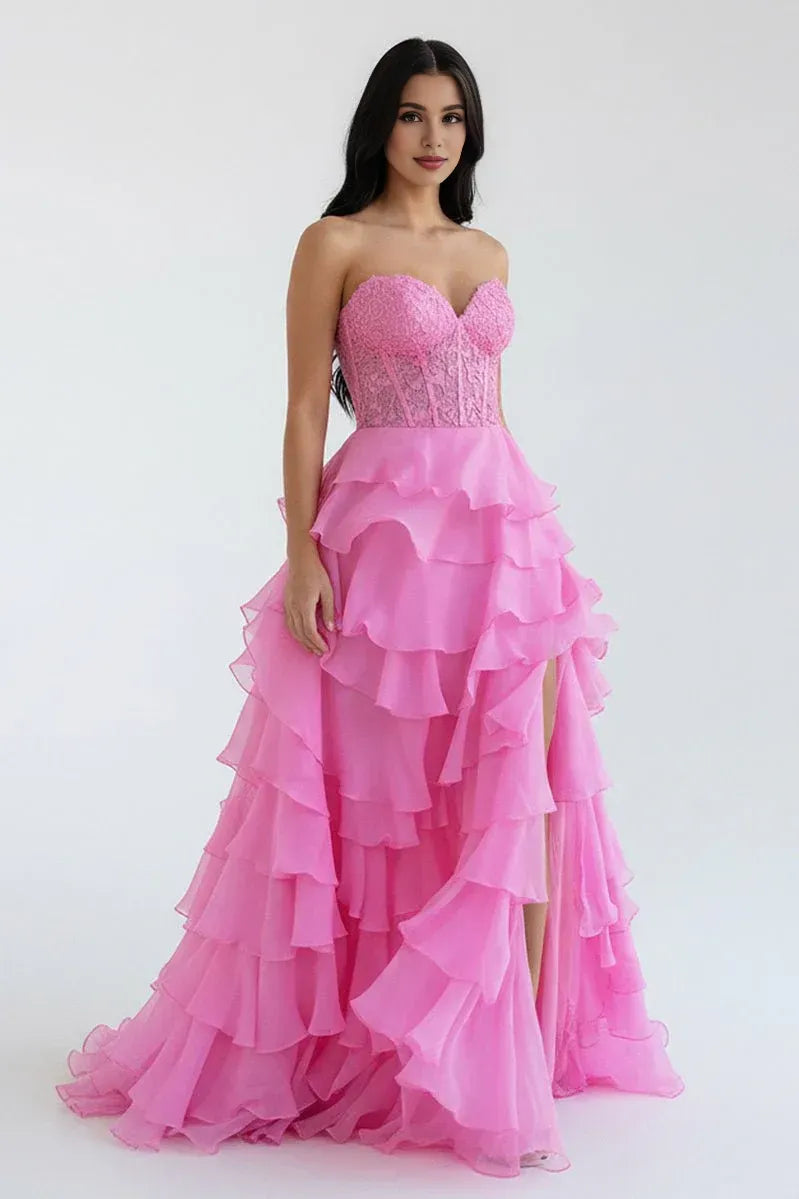 Pretty A-Line Sweetheart Sleeveless Ruffle Chiffon Sweep Train Prom Dress