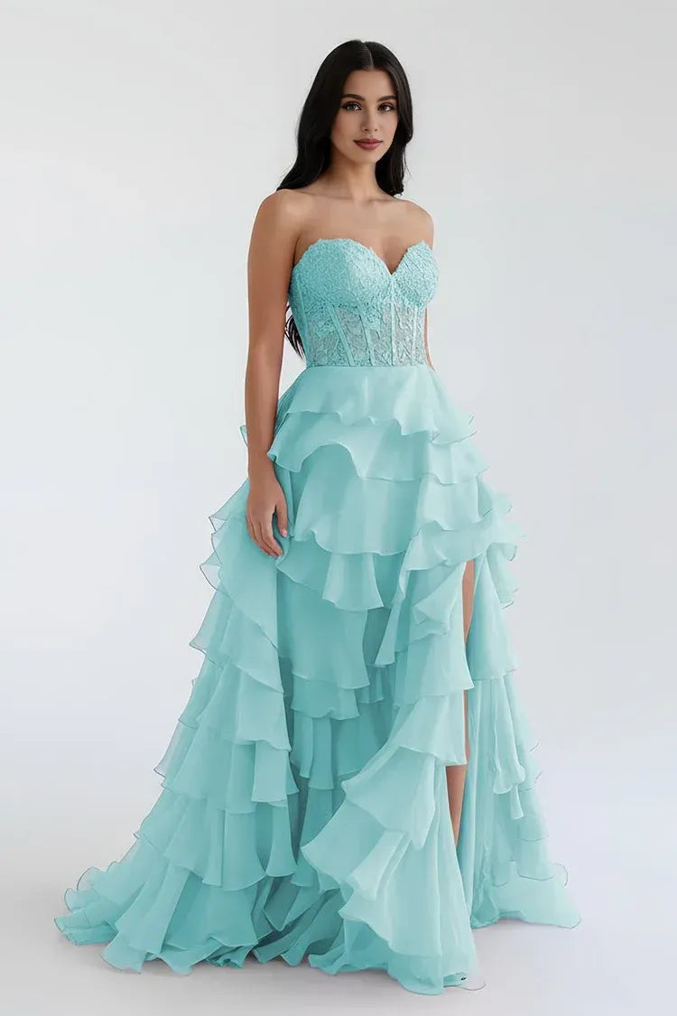Pretty A-Line Sweetheart Sleeveless Ruffle Chiffon Sweep Train Prom Dress