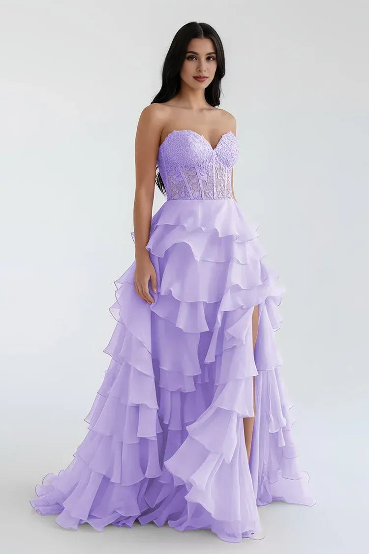 Pretty A-Line Sweetheart Sleeveless Ruffle Chiffon Sweep Train Prom Dress