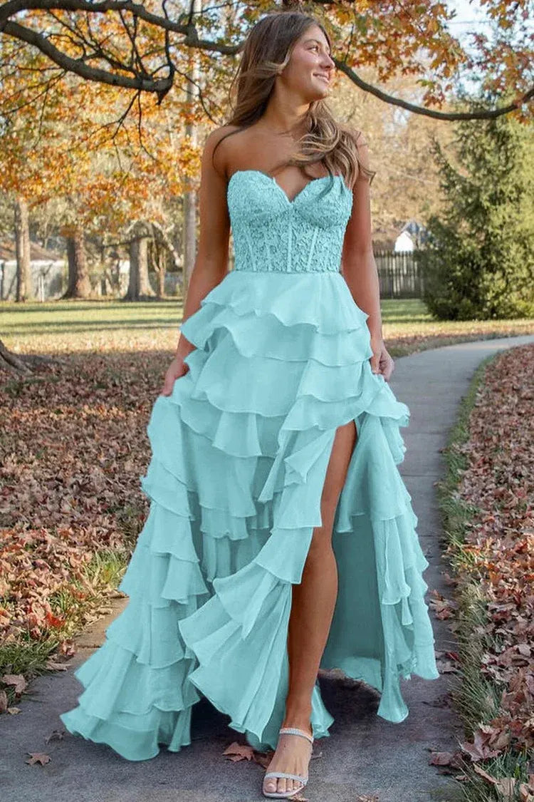 Pretty A-Line Sweetheart Sleeveless Ruffle Chiffon Sweep Train Prom Dress