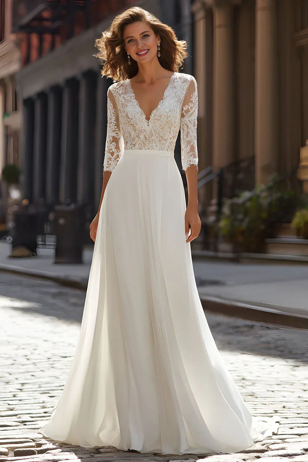 Pretty A-Line V-Neck Half Sleeves Chiffon Sweep Train Wedding Dress