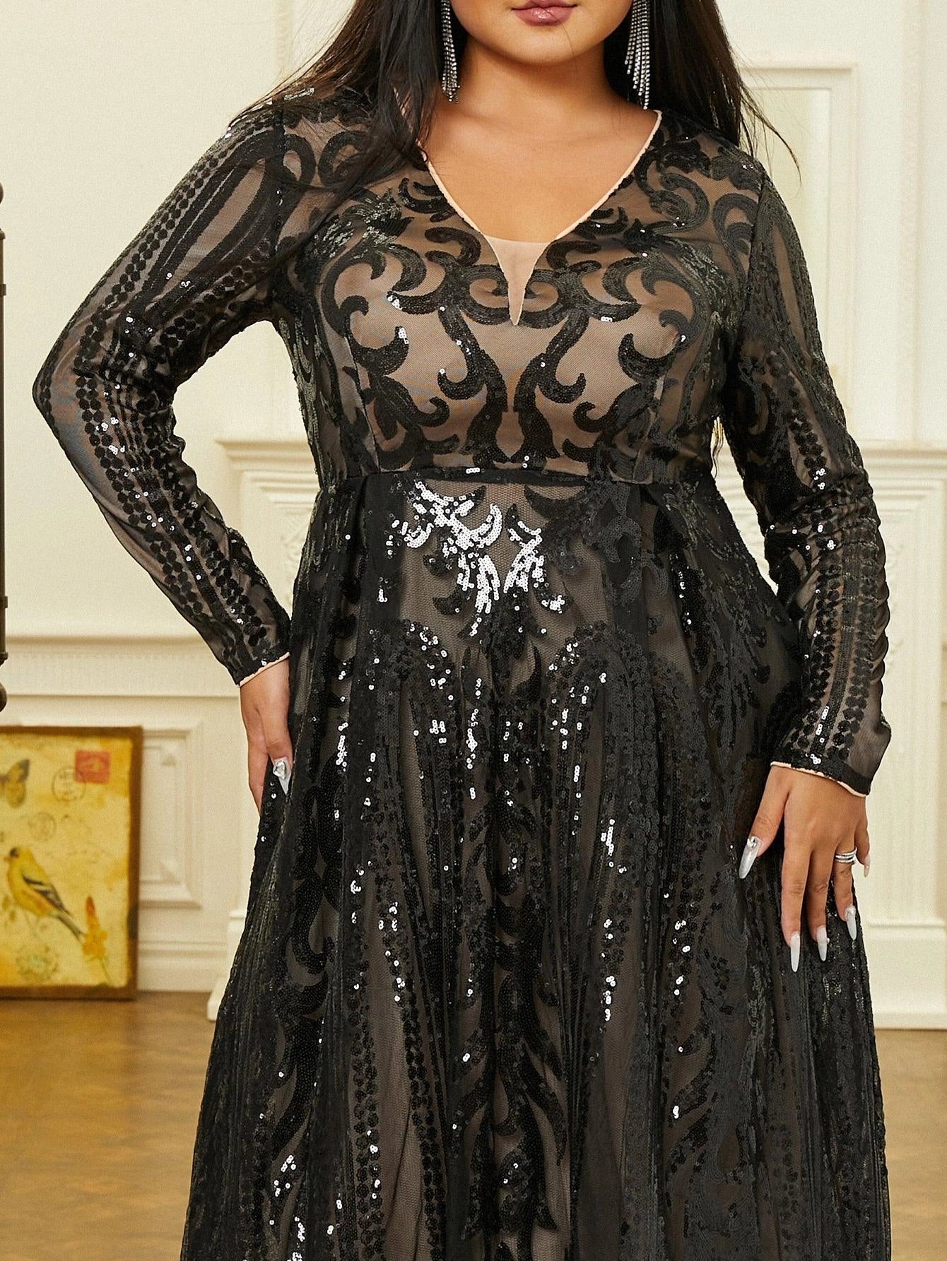 Pretty A-Line V Neck Long Sleeve Zipper Up Tea-Length Plus Size Prom Dress