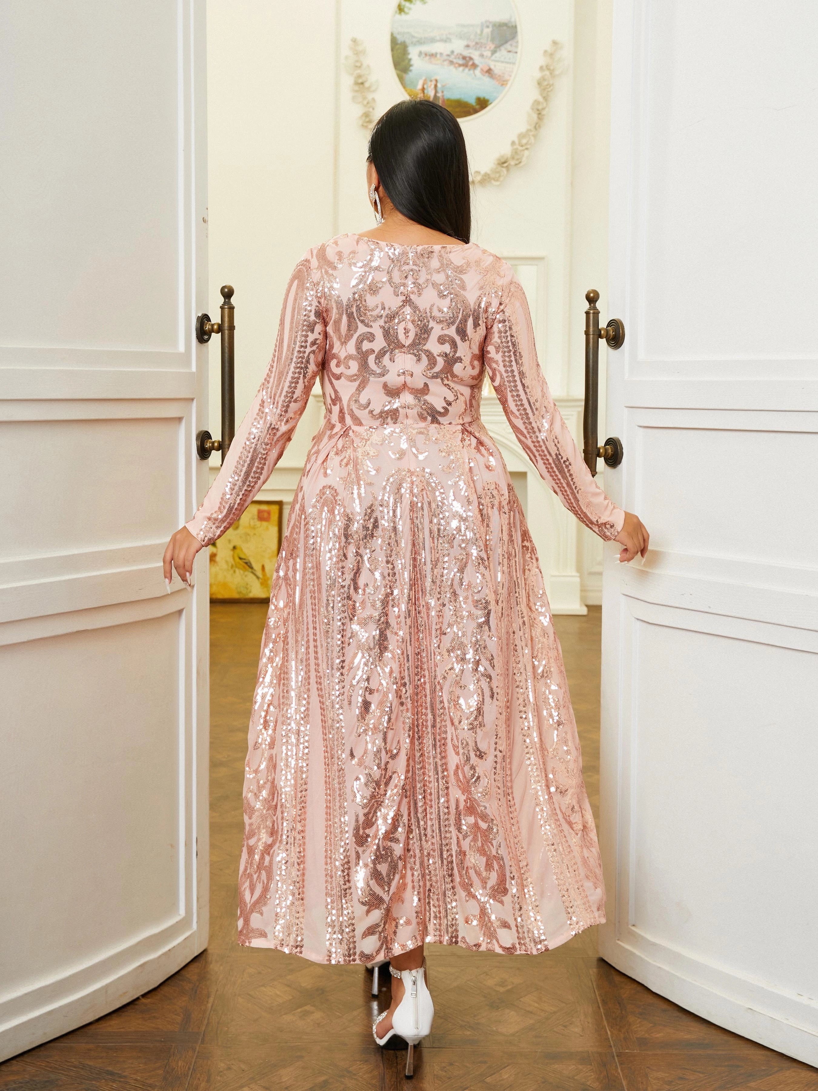 Pretty A-Line V Neck Long Sleeve Zipper Up Tea-Length Plus Size Prom Dress