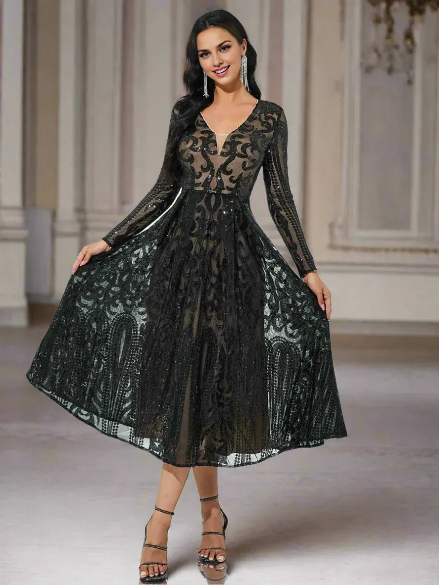 Pretty A-Line V Neck Long Sleeve Zipper Up Tea-Length Prom Dress