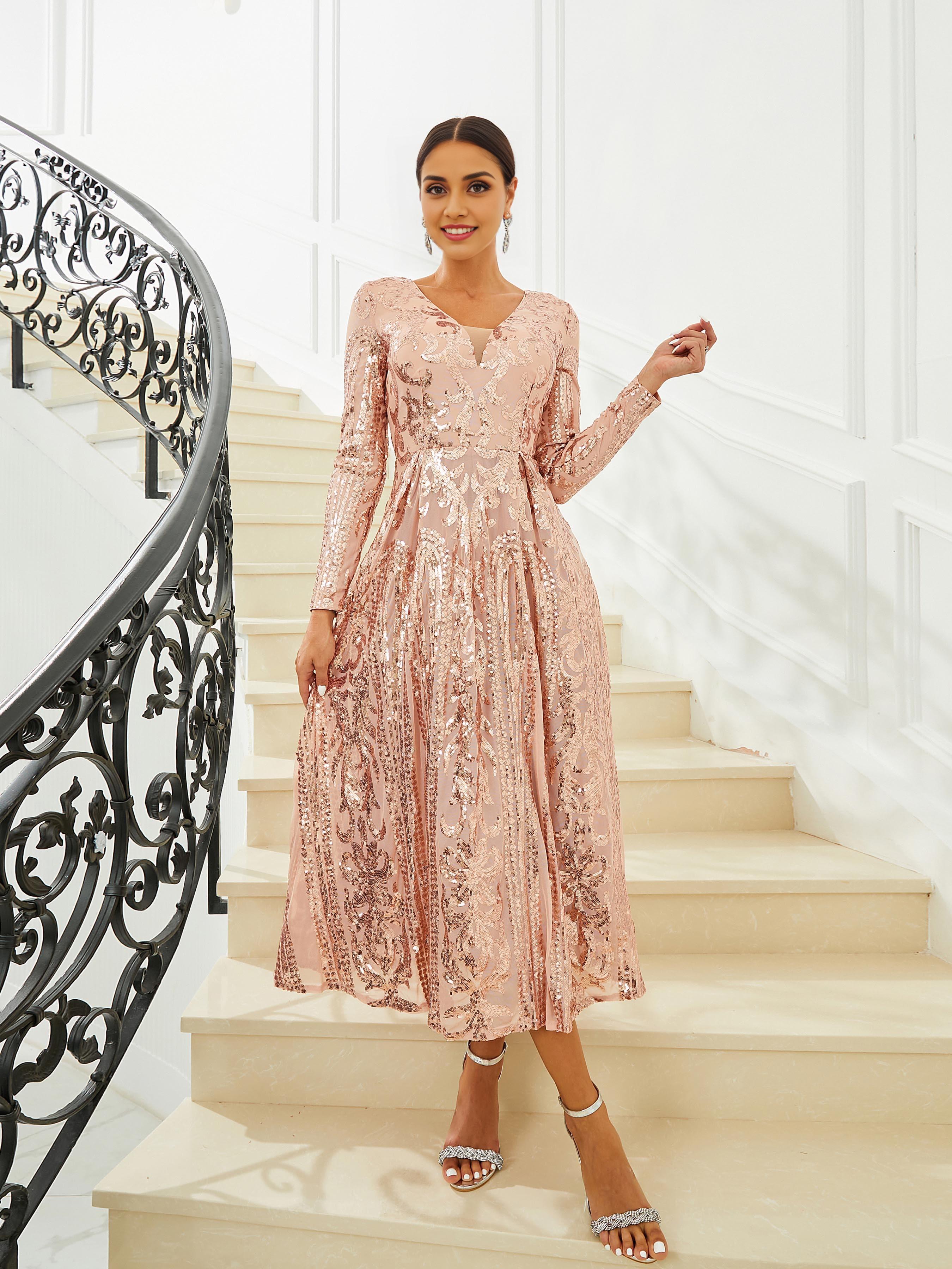 Pretty A-Line V Neck Long Sleeve Zipper Up Tea-Length Prom Dress