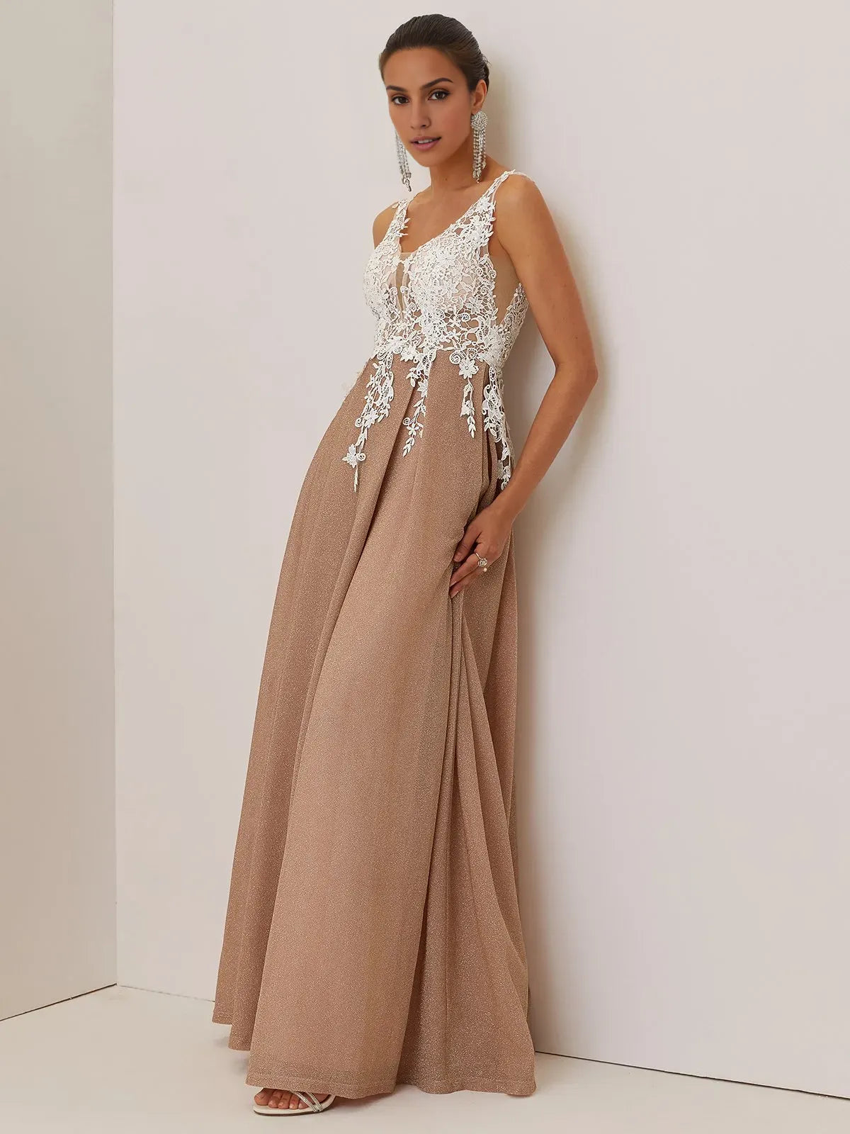 Pretty A-Line V Neck Sleeveless V Back Floor-Length Evening Dress