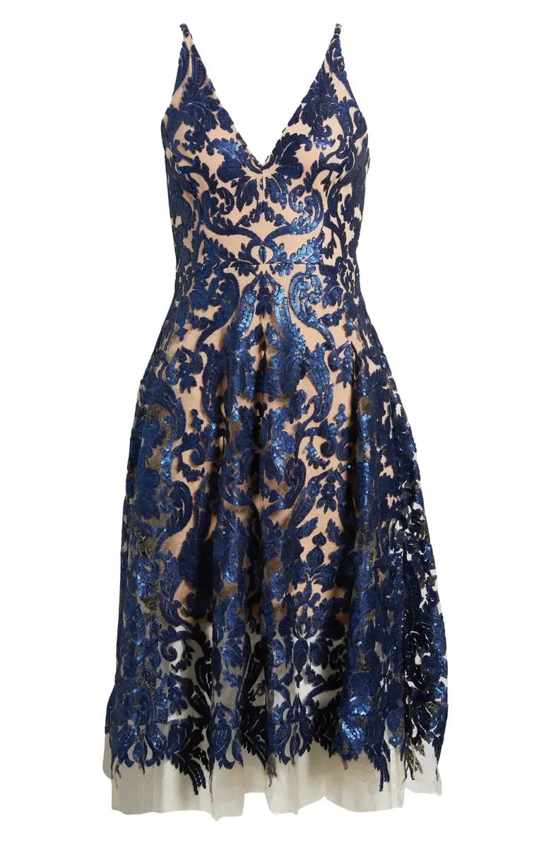 Pretty A-Line V Neck Sleeveless sequins Tea-Length Prom Dress