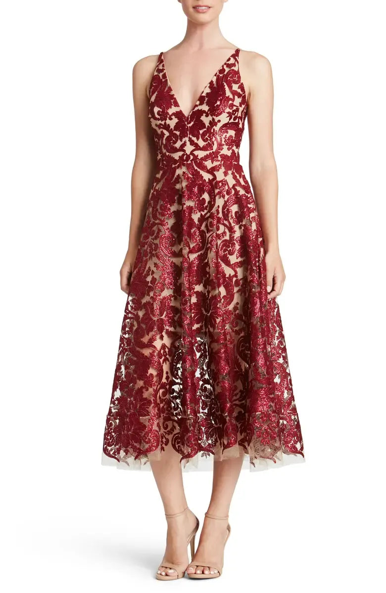 Pretty A-Line V Neck Sleeveless sequins Tea-Length Prom Dress