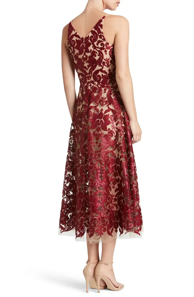 Pretty A-Line V Neck Sleeveless sequins Tea-Length Prom Dress