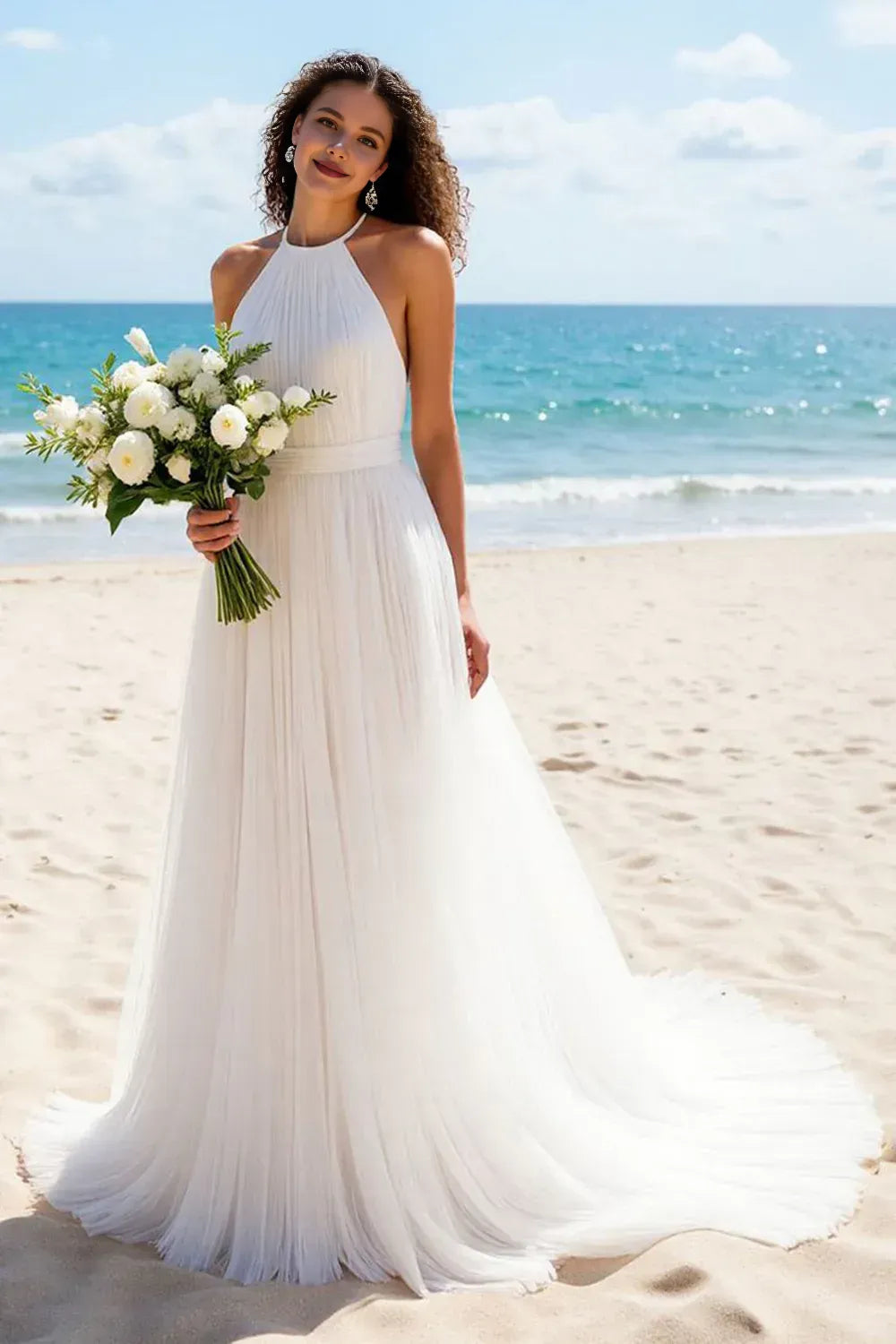 Pretty A Line Halter Neck Sleeveless Tulle Sweep Train Wedding Dress
