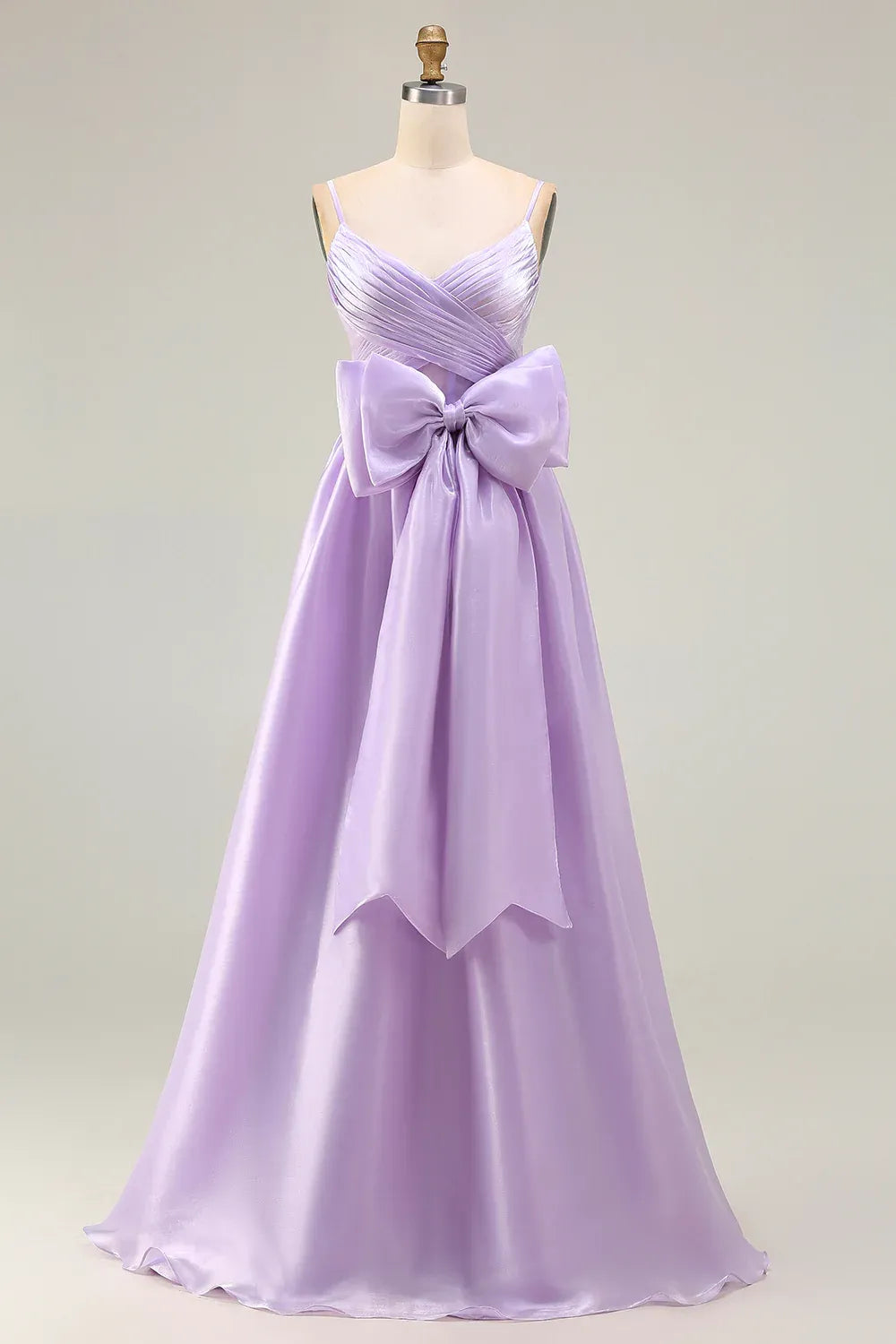 Pretty A Line Spaghetti Straps Sleeveless Satin Bowed Floor-Length Prom Dress