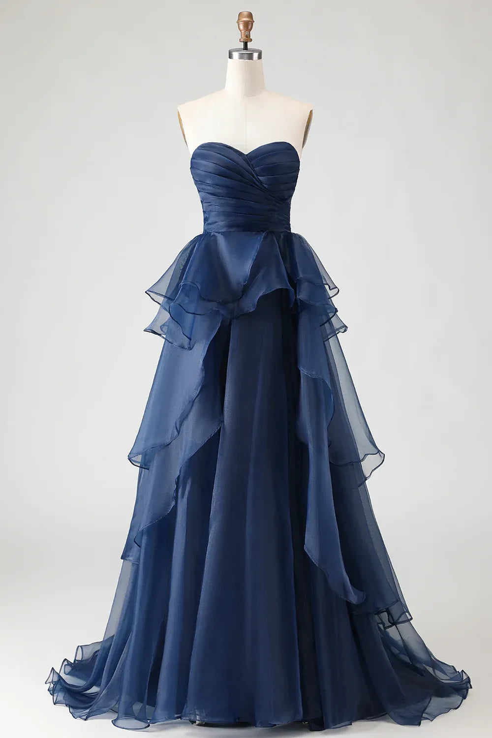 Pretty A Line Strapless Sleeveless Organza Ruffled Floor-Length Prom Dress