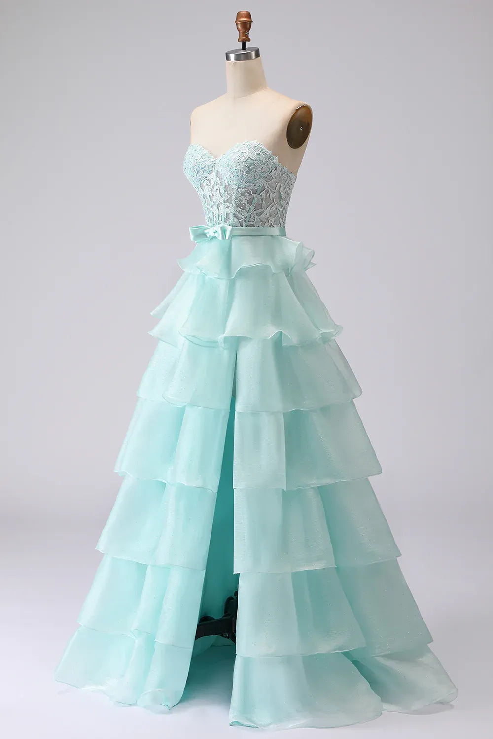 Pretty A Line Strapless Sleeveless Tulle Tiered Floor-Length Prom Dress