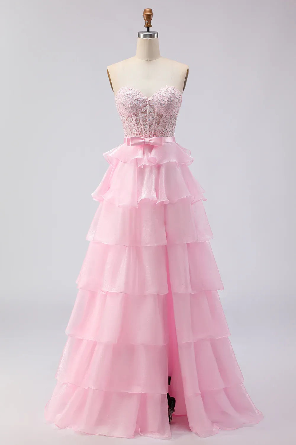 Pretty A Line Strapless Sleeveless Tulle Tiered Floor-Length Prom Dress