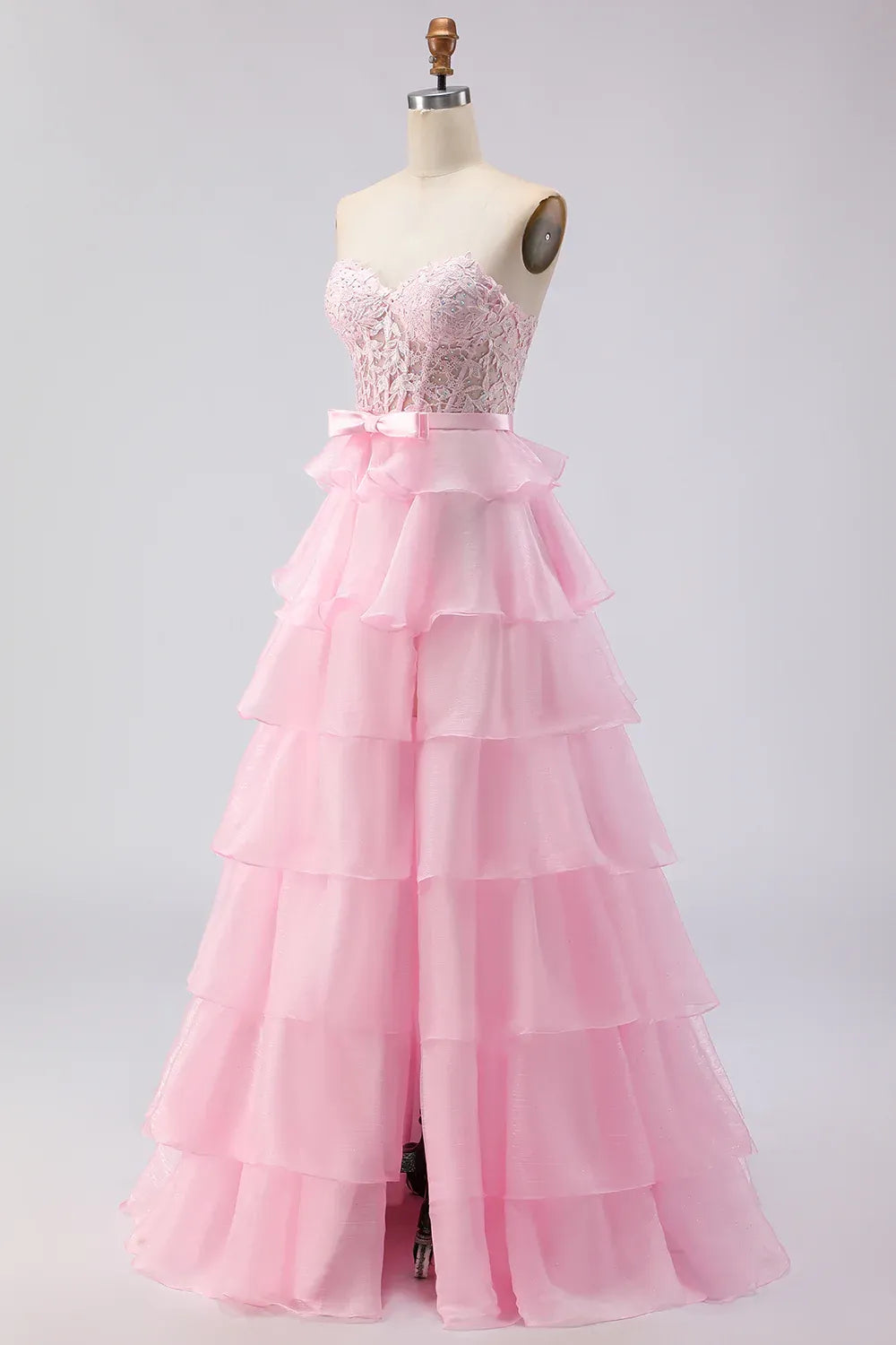 Pretty A Line Strapless Sleeveless Tulle Tiered Floor-Length Prom Dress