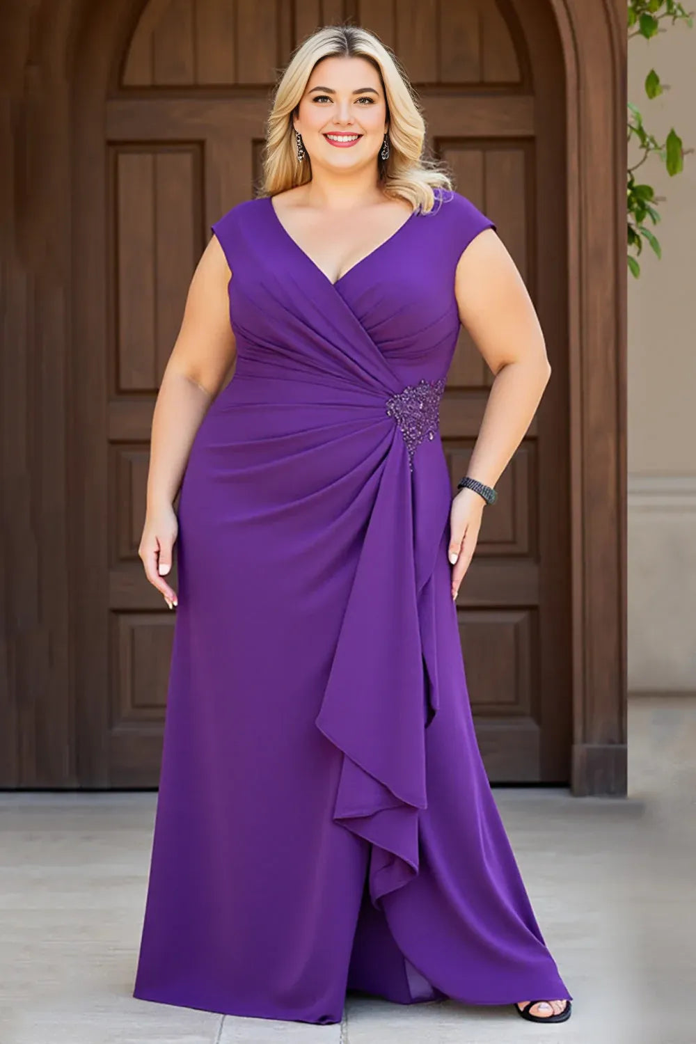 Pretty A Line V Neck Cape Sleeve V Back Floor-Length Plus Size Mother of the Bride Dress