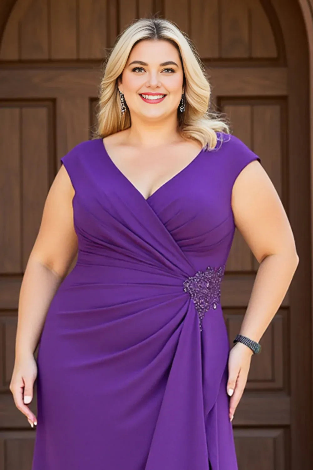 Pretty A Line V Neck Cape Sleeve V Back Floor-Length Plus Size Mother of the Bride Dress