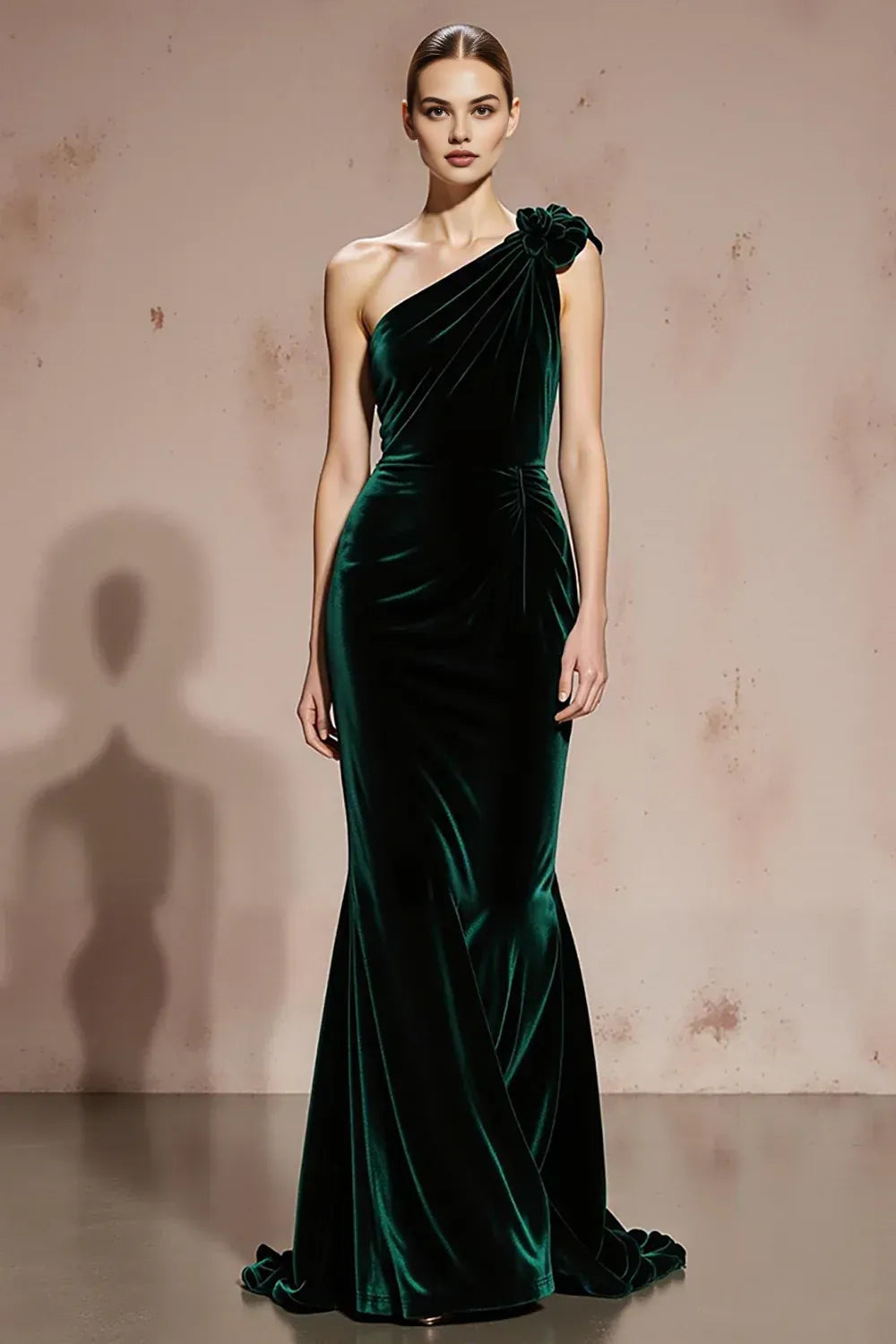 Pretty Mermaid/Trumpet One Shoulder Sleeveless Velvet Sweep/Brush Train Prom Dress
