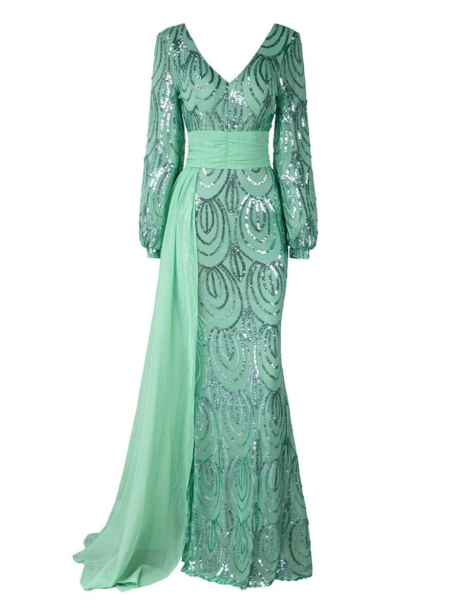 Pretty Mermaid V Neck Long Sleeve Zipper Up Sweep/Brush Train Prom Dress