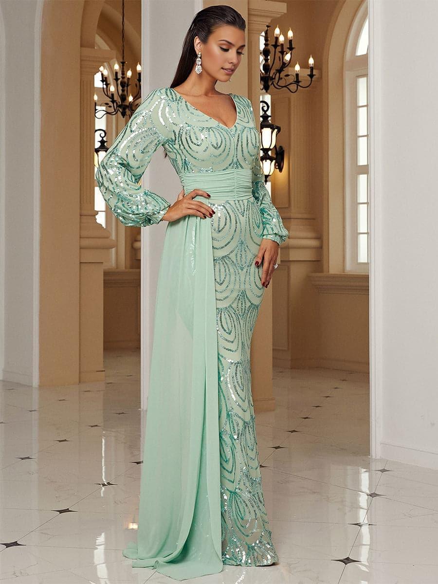 Pretty Mermaid V Neck Long Sleeve Zipper Up Sweep/Brush Train Prom Dress