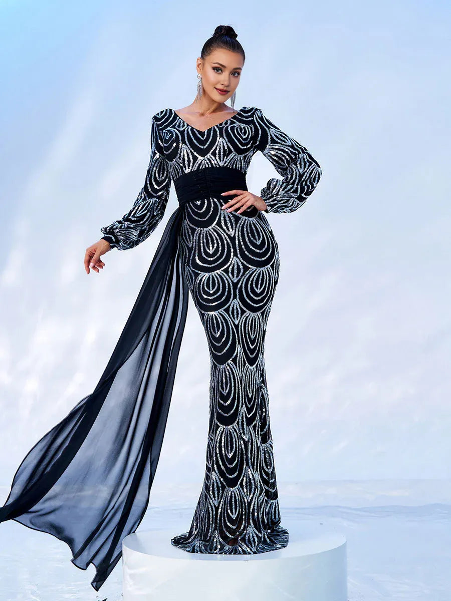 Pretty Mermaid V Neck Long Sleeve Zipper Up Sweep/Brush Train Prom Dress