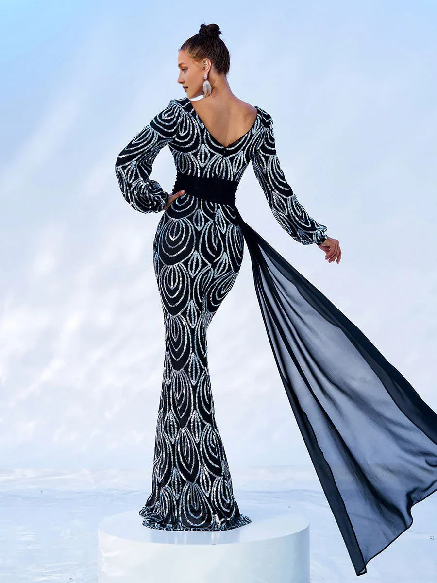 Pretty Mermaid V Neck Long Sleeve Zipper Up Sweep/Brush Train Prom Dress