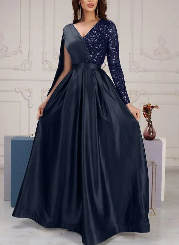 Graceful V-Neck Long Sleeves A-Line Sequins Satin Long Prom Dress