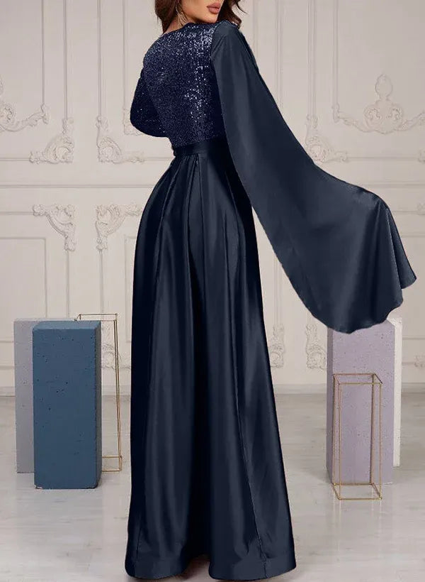 Graceful V-Neck Long Sleeves A-Line Sequins Satin Long Prom Dress