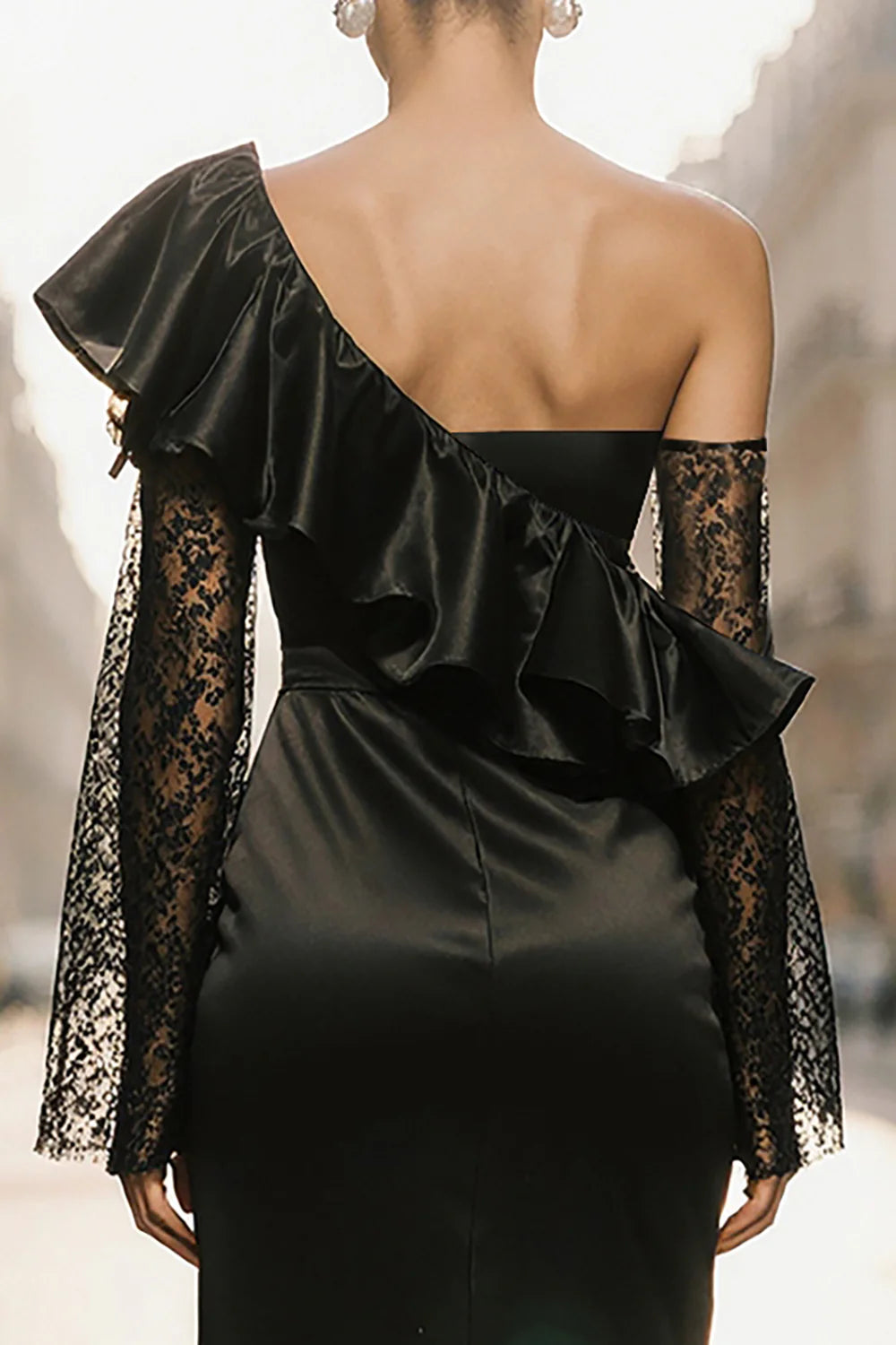 Pretty Sheath/Column One Shoulder Long Sleeve Satin Ankle-Length Prom Dress