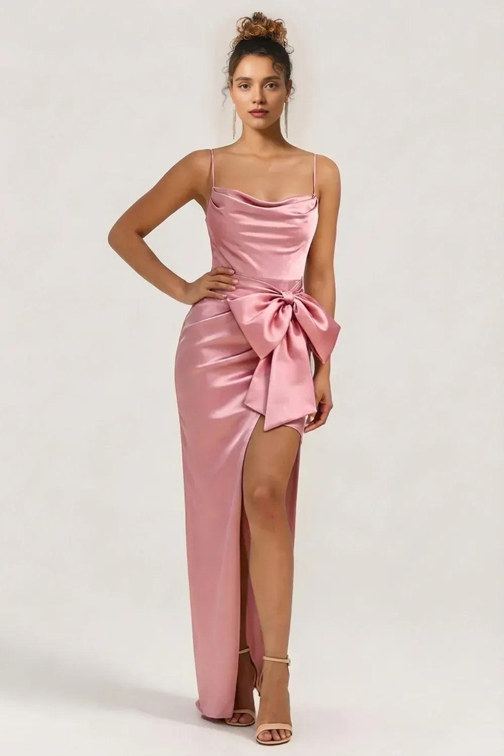 Pretty Sheath Cowl Neck Sleeveless Satin Slit Floor-Length Prom Dress