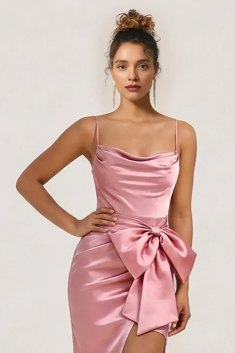 Pretty Sheath Cowl Neck Sleeveless Satin Slit Floor-Length Prom Dress