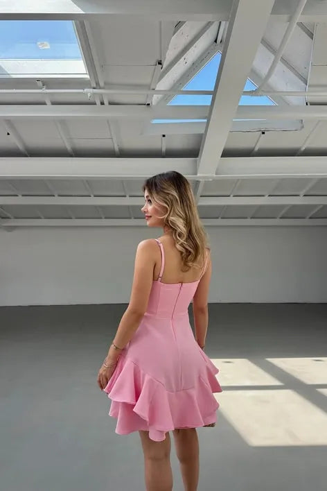 Pretty Spaghetti Straps Sleeveless A Line Satin Ruffles Short-Mini Homecoming Dress