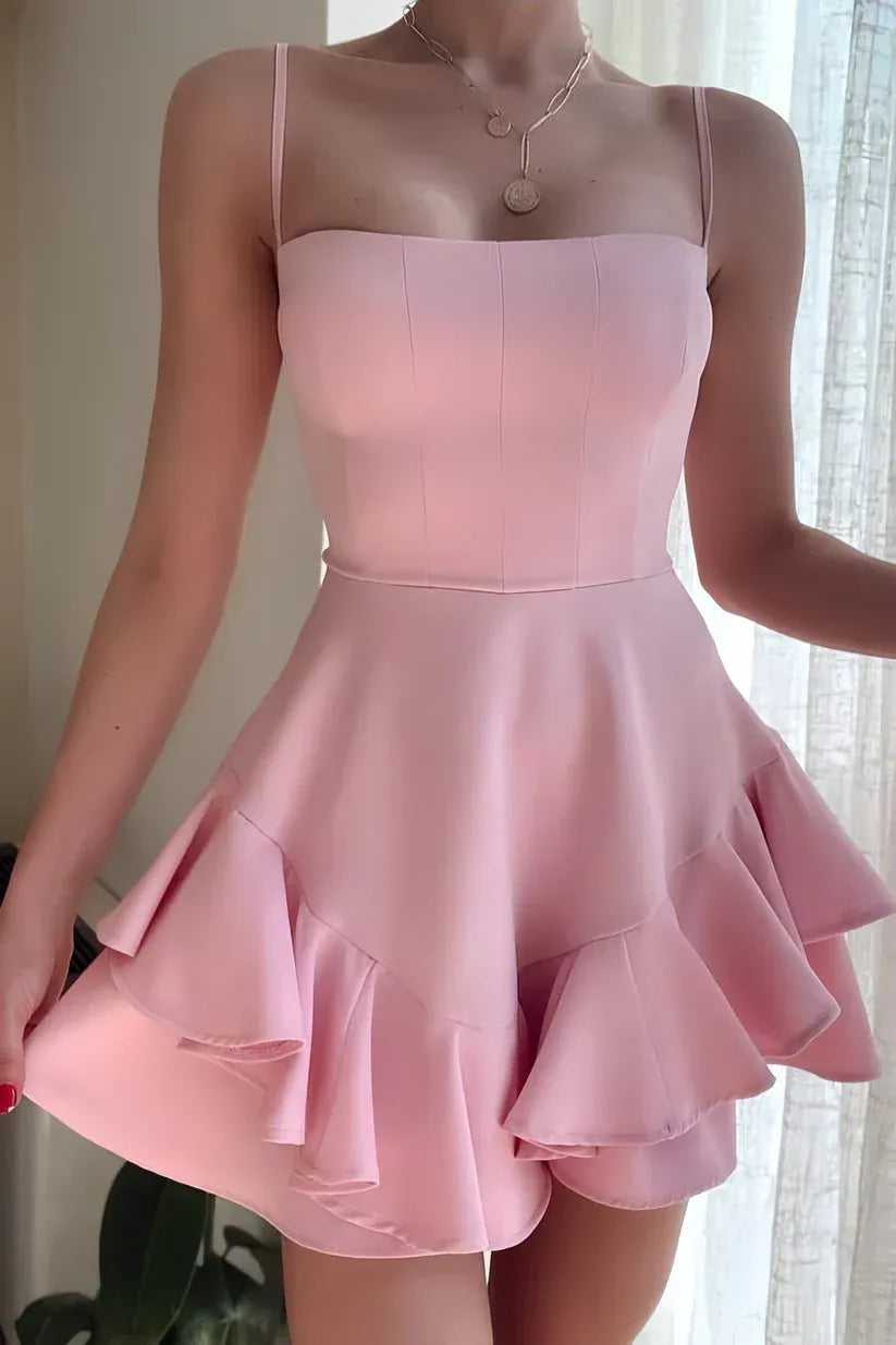 Pretty Spaghetti Straps Sleeveless A Line Satin Ruffles Short-Mini Homecoming Dress