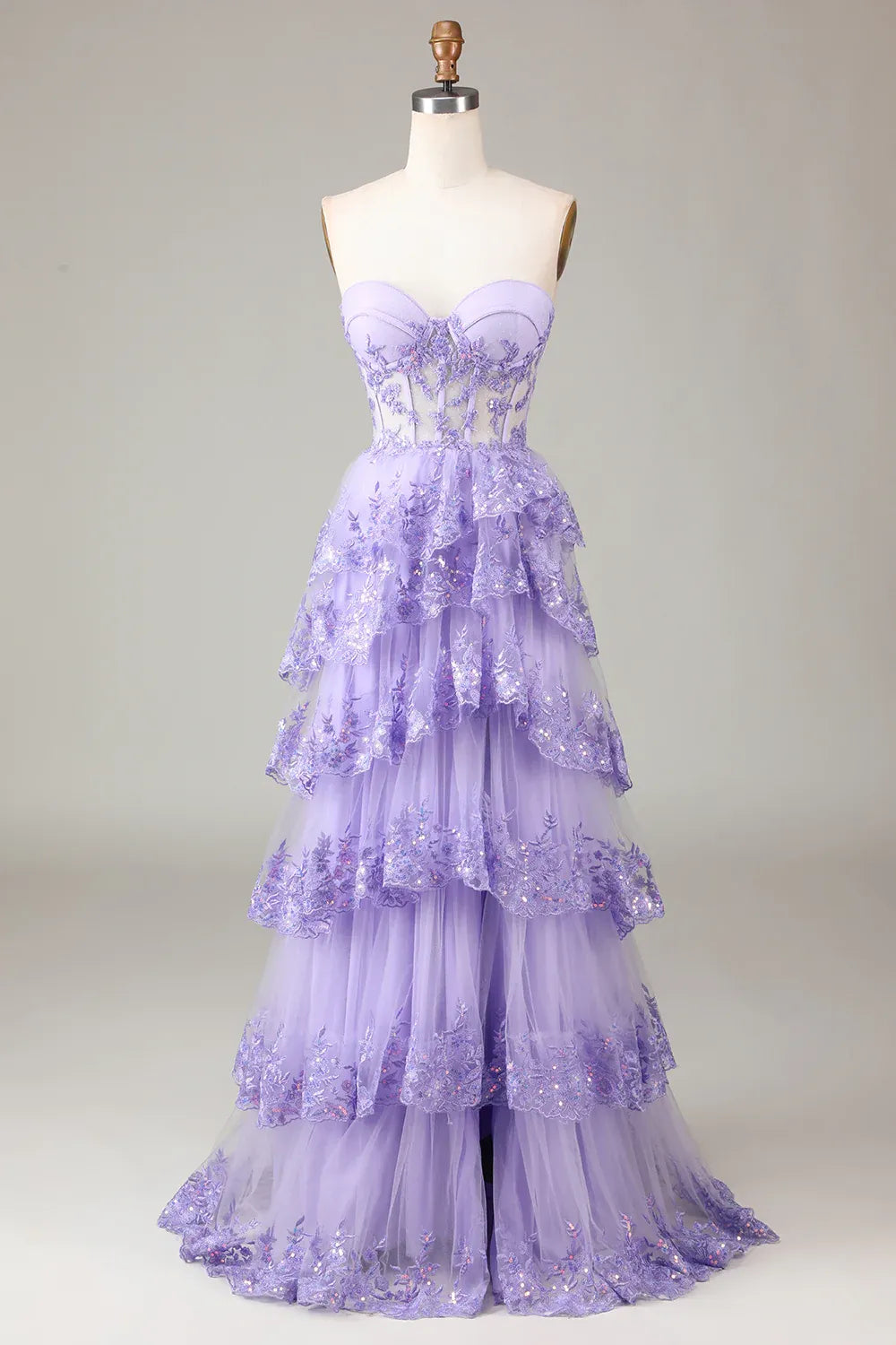 Pretty Sweetheart Sleeveless Princess Tulle Tiered Slit Long Prom Dress