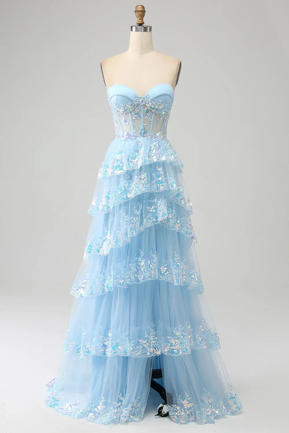 Pretty Sweetheart Sleeveless Princess Tulle Tiered Slit Long Prom Dress