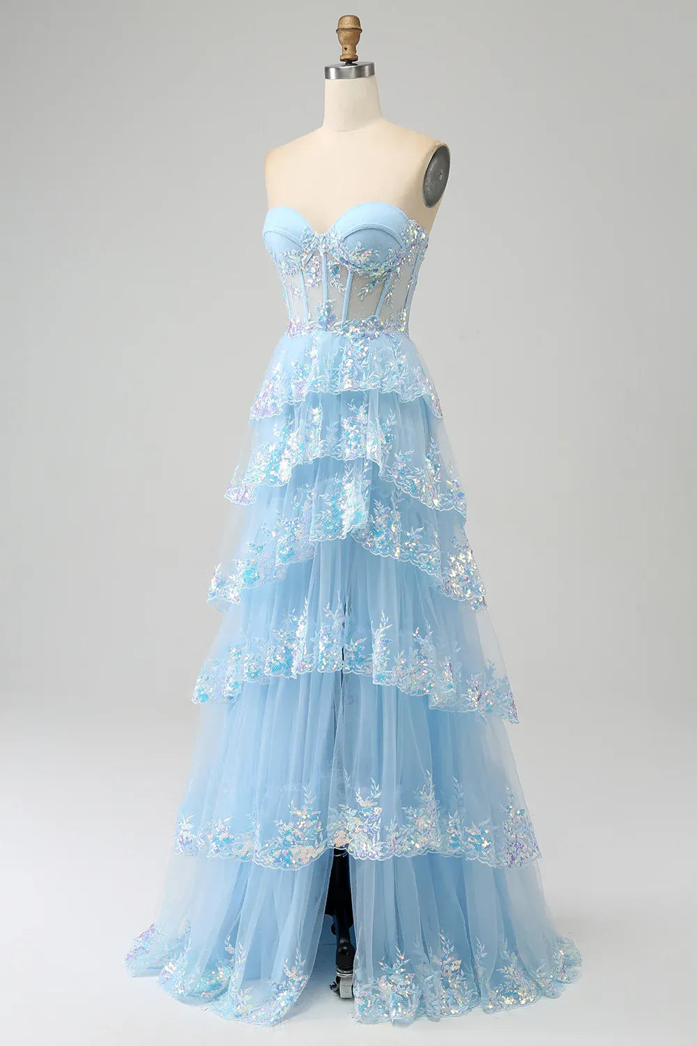 Pretty Sweetheart Sleeveless Princess Tulle Tiered Slit Long Prom Dress