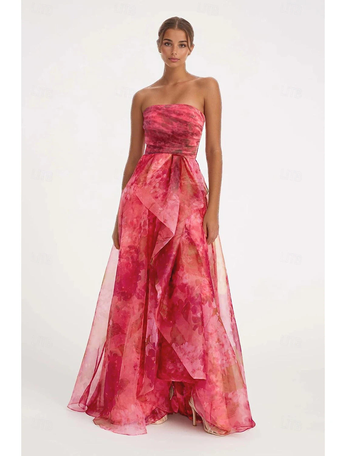 Pretty A-Line Strapless Floral Ruffled Ruched Pink Floor-Length Prom Dress With Slit