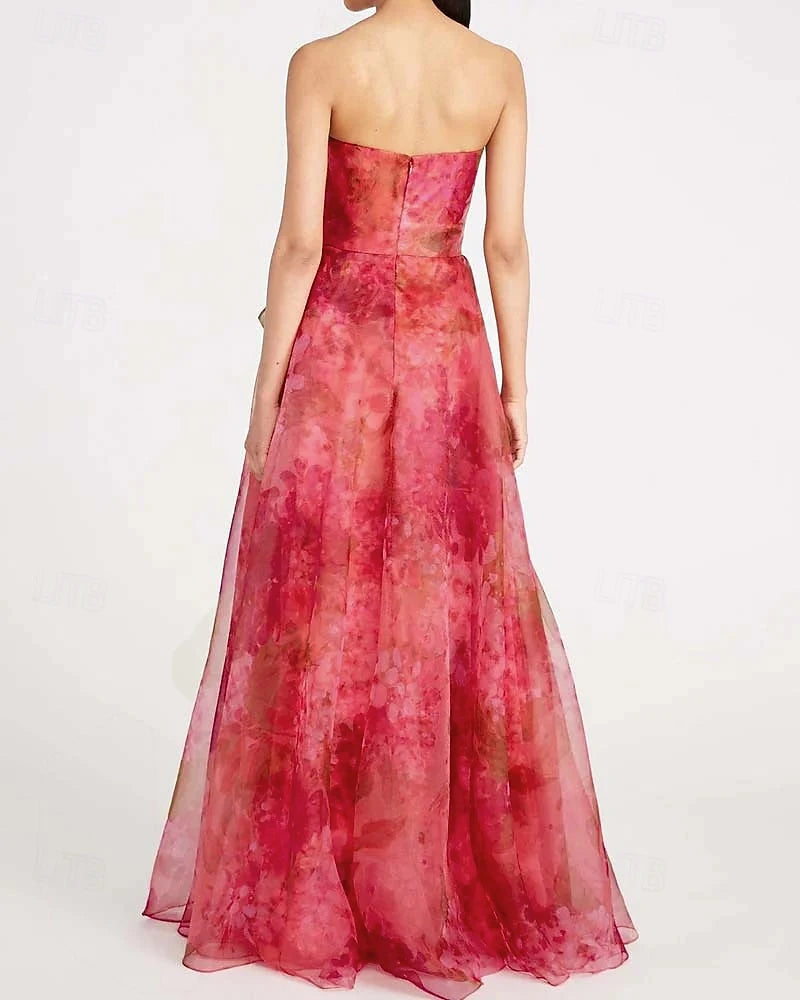 Pretty A-Line Strapless Floral Ruffled Ruched Pink Floor-Length Prom Dress With Slit