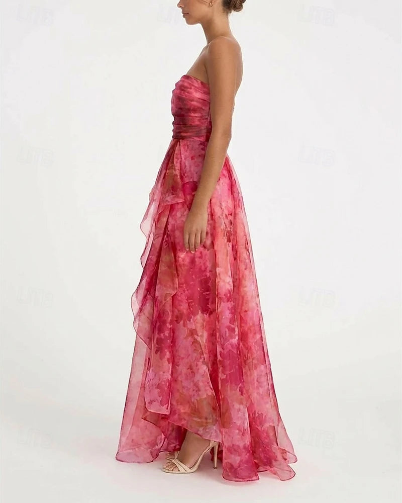 Pretty A-Line Strapless Floral Ruffled Ruched Pink Floor-Length Prom Dress With Slit