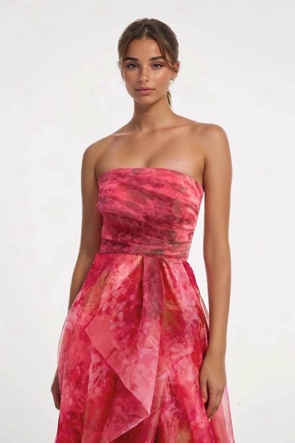 Pretty A-Line Strapless Floral Ruffled Ruched Pink Floor-Length Prom Dress With Slit