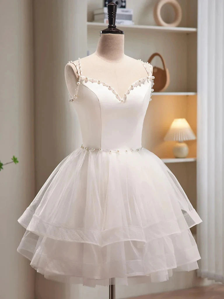 Pretty A-Line Sweetheart Dual Straps Pearl Tiered Tulle White Short Homecoming Dress