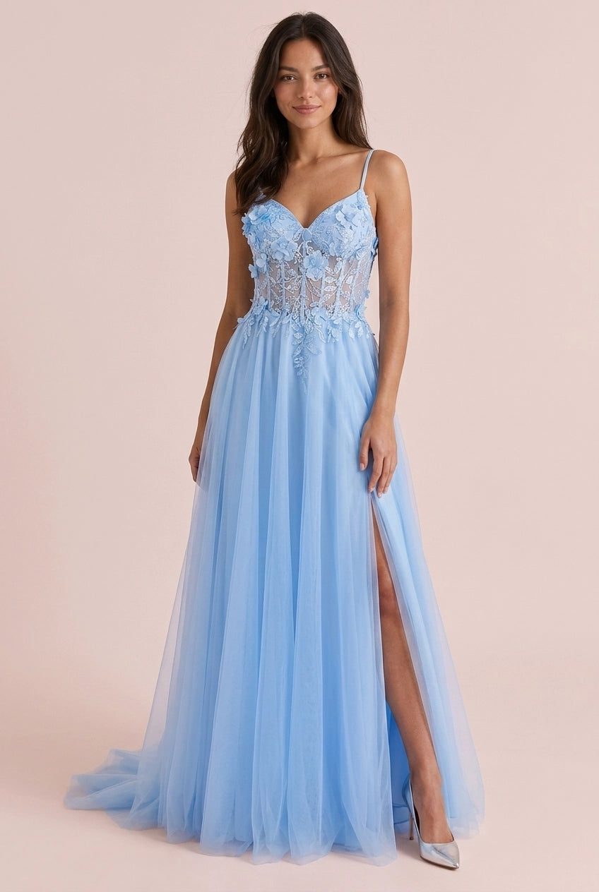 Pretty A-Line Sweetheart Floral Applique High Slit Sky Blue Floor-Length Prom Dress